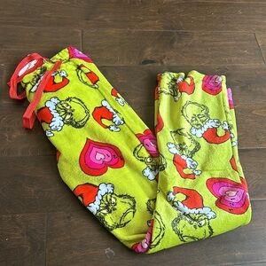 Dr Seuss Womens Grinch Santa Hat Pajama Pants sz S plush NWT Christmas Hearts
